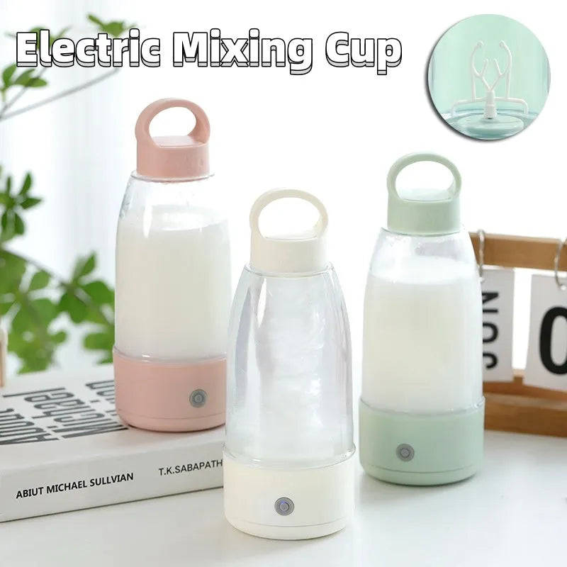 Automatic electric shaker bottle in green, pink, or white with USB port and handle for blending smoothies