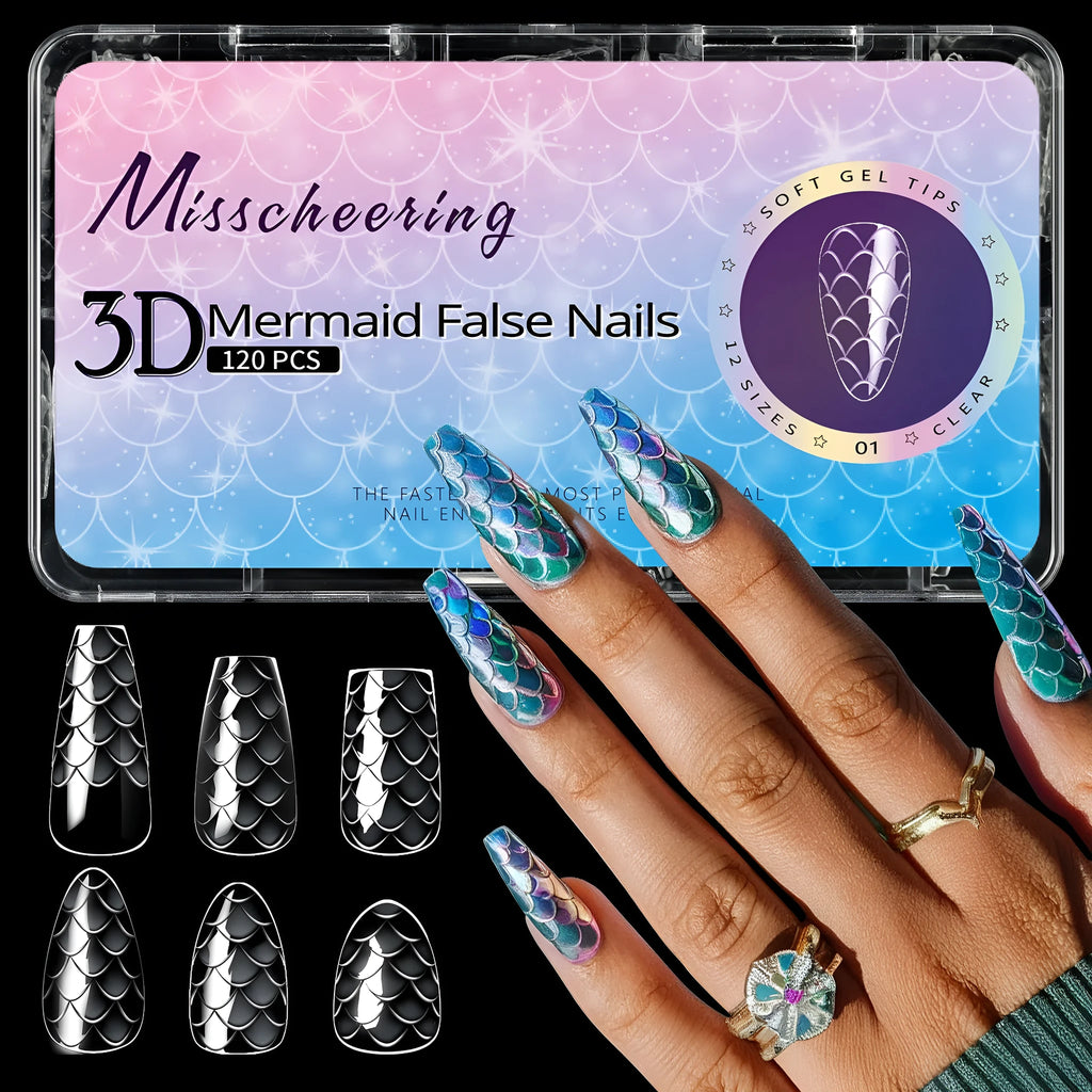 Box of 3D scale long shaping artificial nail tips in a Frigate Box colour option.