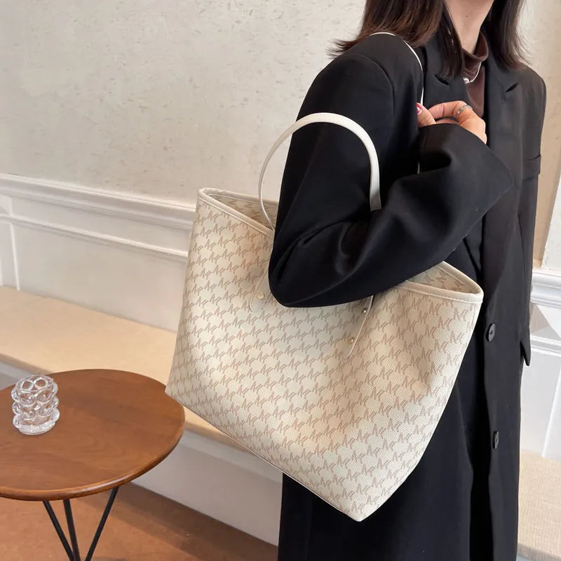 Women's large PU shoulder tote bag, 44cm wide, zip top, in black, beige or brown