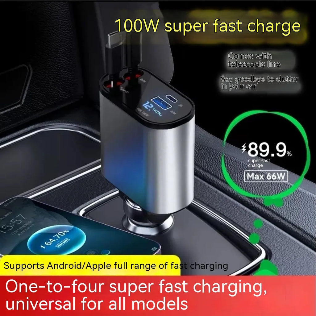 Automatic retractable car charger with extended headband showing four USB ports and cigarette lighter plug