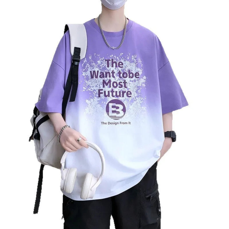 A dark blue boys' printed t-shirt with jacquard text pattern and drop shoulder sleeves.