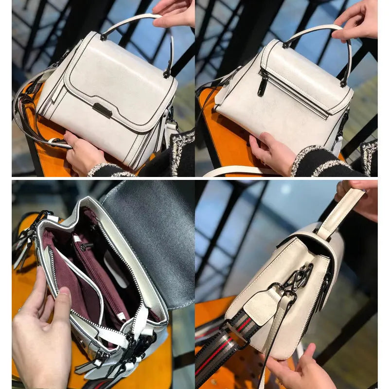 Women's brown genuine oil wax leather messenger bag with double shoulder straps and visible sewing lines