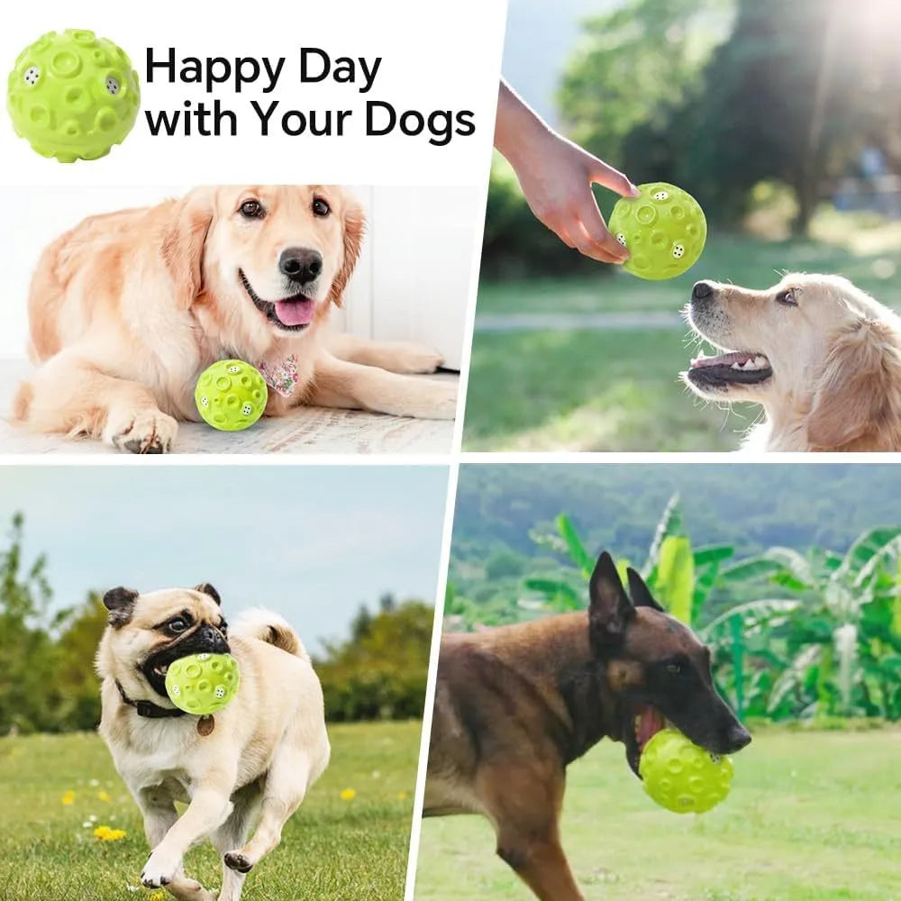 Dog toy ball in black, blue, green, orange, or yellow with squeaky sound generator and teeth-cleaning bumps