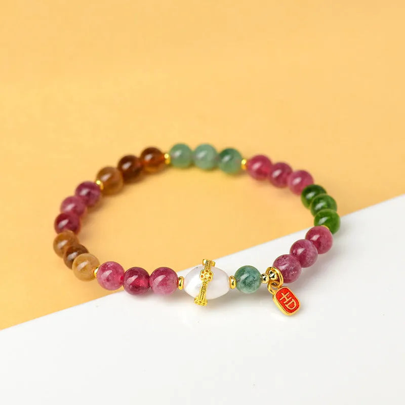 Geometric tourmaline and chalcedony crystal bracelet with 6.5mm beads