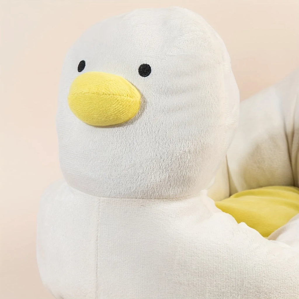 Duck-shaped pet bed sofa with fluffy polyester material in blue or white colour, showing raised sides and unique pattern design