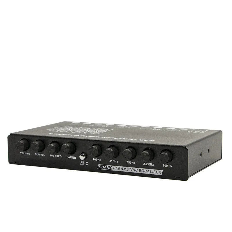 Car audio EQ tuning frequency division amplifier with control knobs for seven-band frequency adjustment and volume controls