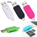 OTG dual-purpose card reader in white, pink, green, blue, or black with USB 2.0 and micro USB interfaces for SD and TF memory cards