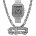 Roman grain graduation quartz watch set with black mesh band, square diamond-studded dial, matching bracelet and necklace