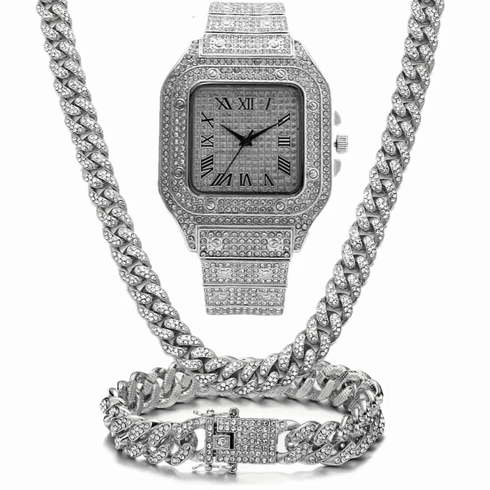 Roman grain graduation quartz watch set with black mesh band, square diamond-studded dial, matching bracelet and necklace