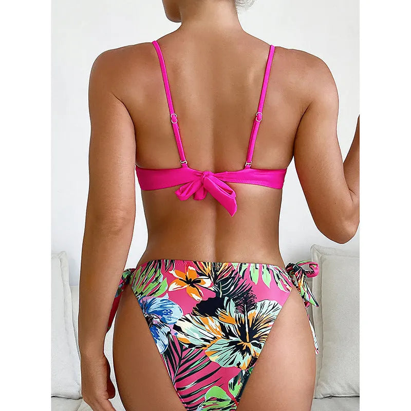 Rose red women's bikini swimsuit with rope braid detail on a mannequin.