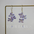 Handmade purple gradient embroidered ball flower earrings with tassel, artificial crystal and heat shrink sheet, one pair