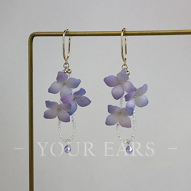Handmade purple gradient embroidered ball flower earrings with tassel, artificial crystal and heat shrink sheet, one pair