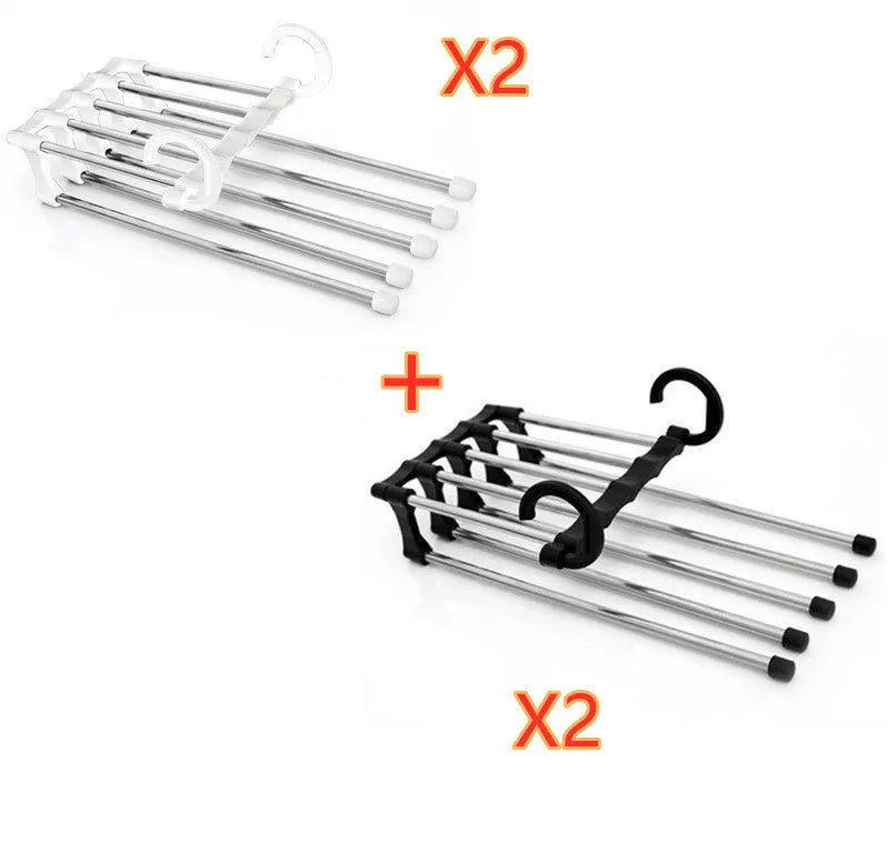 Black stainless steel 5-in-1 multi-functional trousers hanger with five booms on a clothes rack