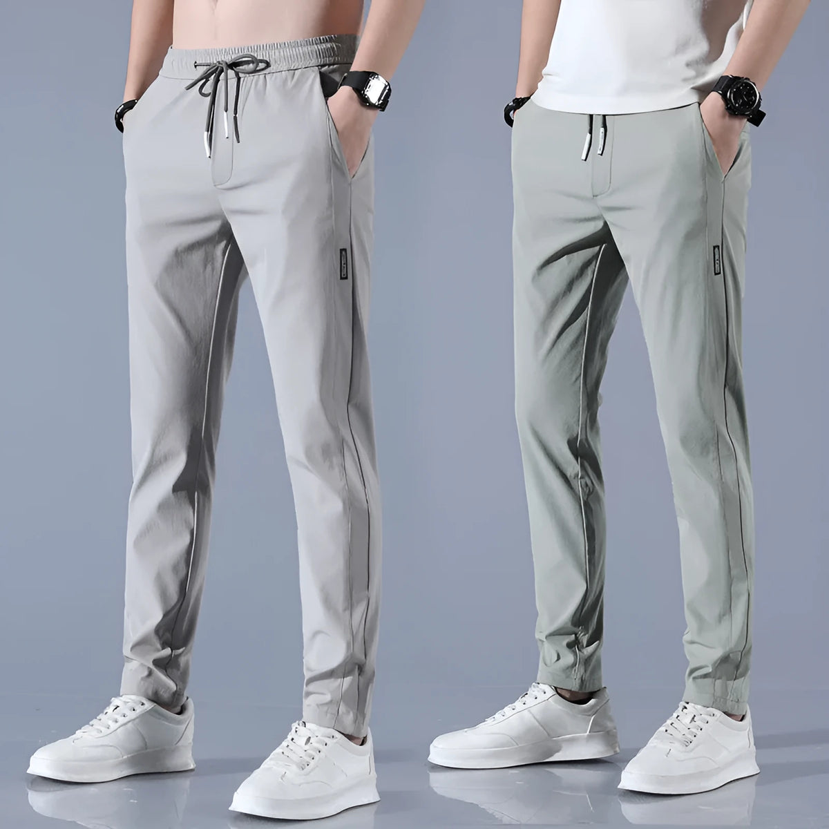 Men's summer ice silk straight trousers in polyester blend, high waist drawstring, light green, light grey, dark grey, black