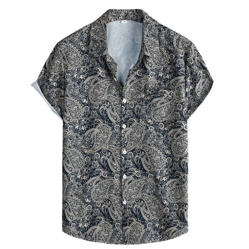Men's slim fit short sleeve Hawaiian print cardigan shirt in elastic polyester fabric.
