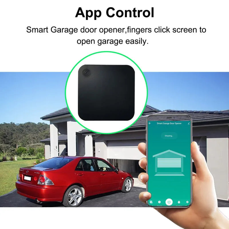 Black plastic Wi-Fi garage door controller with app for remote and voice control