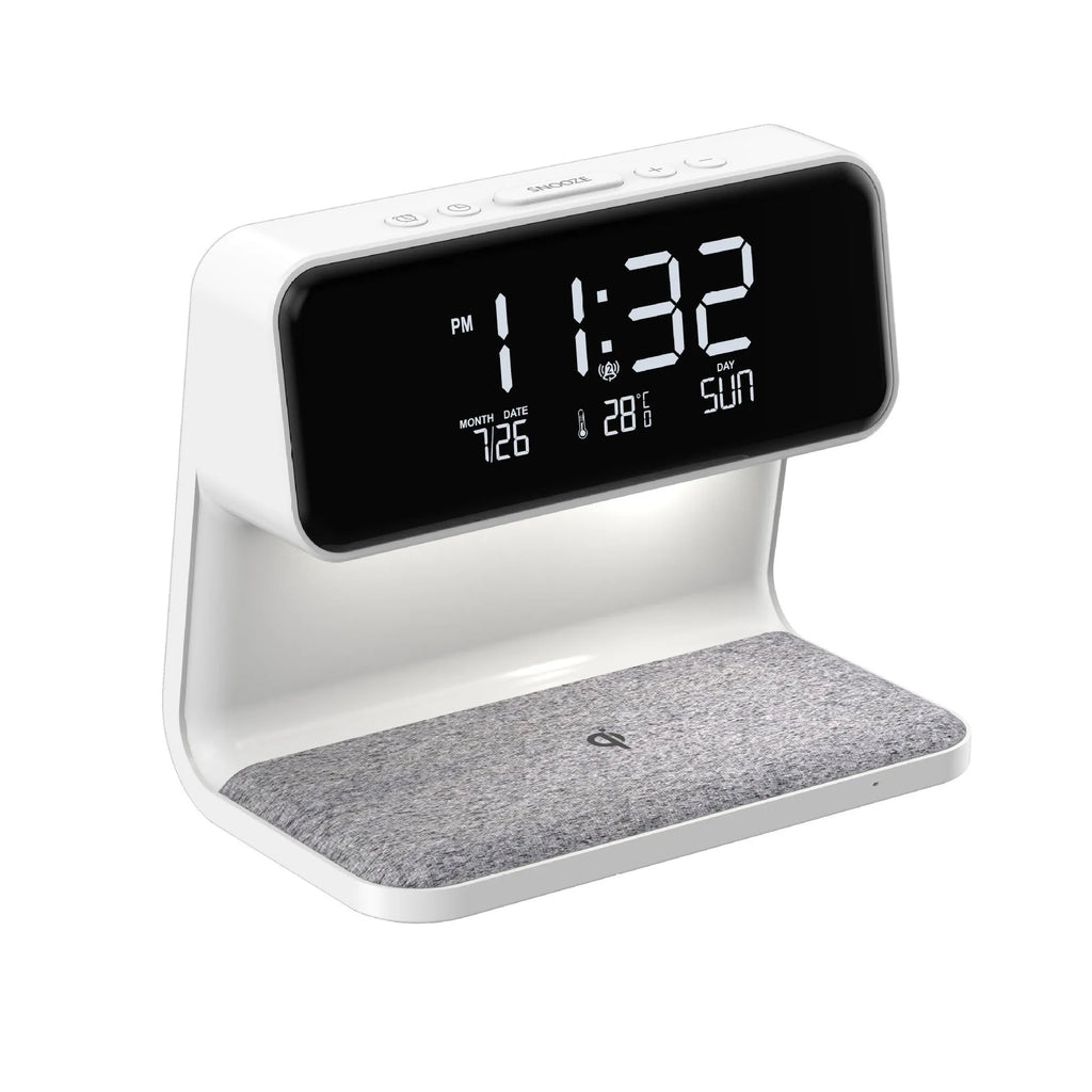 White bedside lamp with integrated wireless charging pad, LCD alarm clock screen, and touch-sensitive dimming controls.