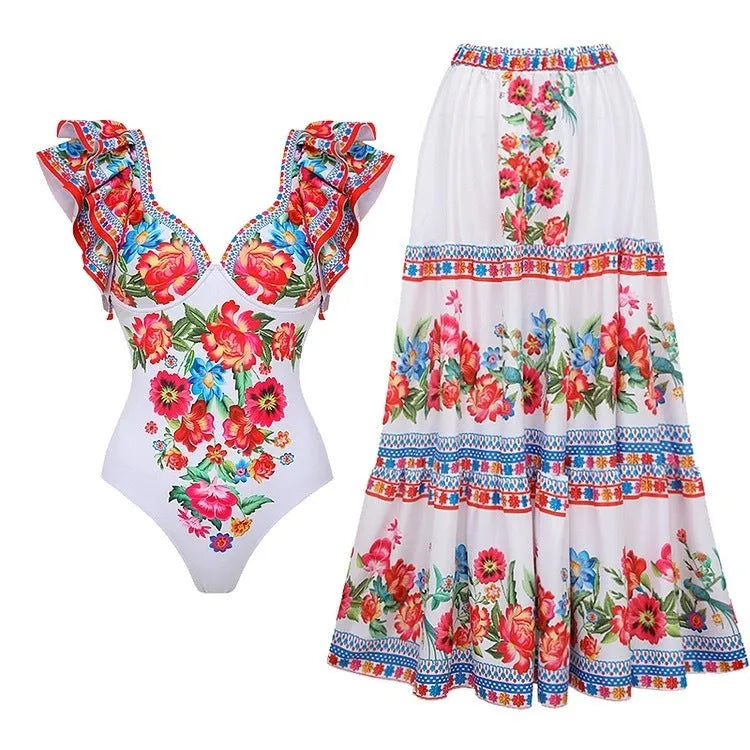 Women's printed one-piece swimsuit in rose pink with 95% polyester lining, sizes S to XL