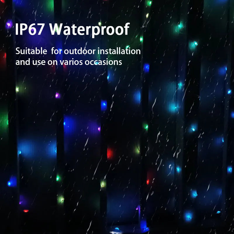 10-metre long flexible LED light string with 100 multi-colour bulbs lit up in a garden setting.