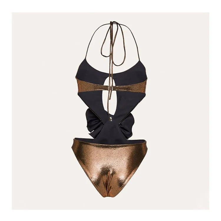 Gold handmade halter neck one-piece swimsuit with hollow out flower design for swimming sports