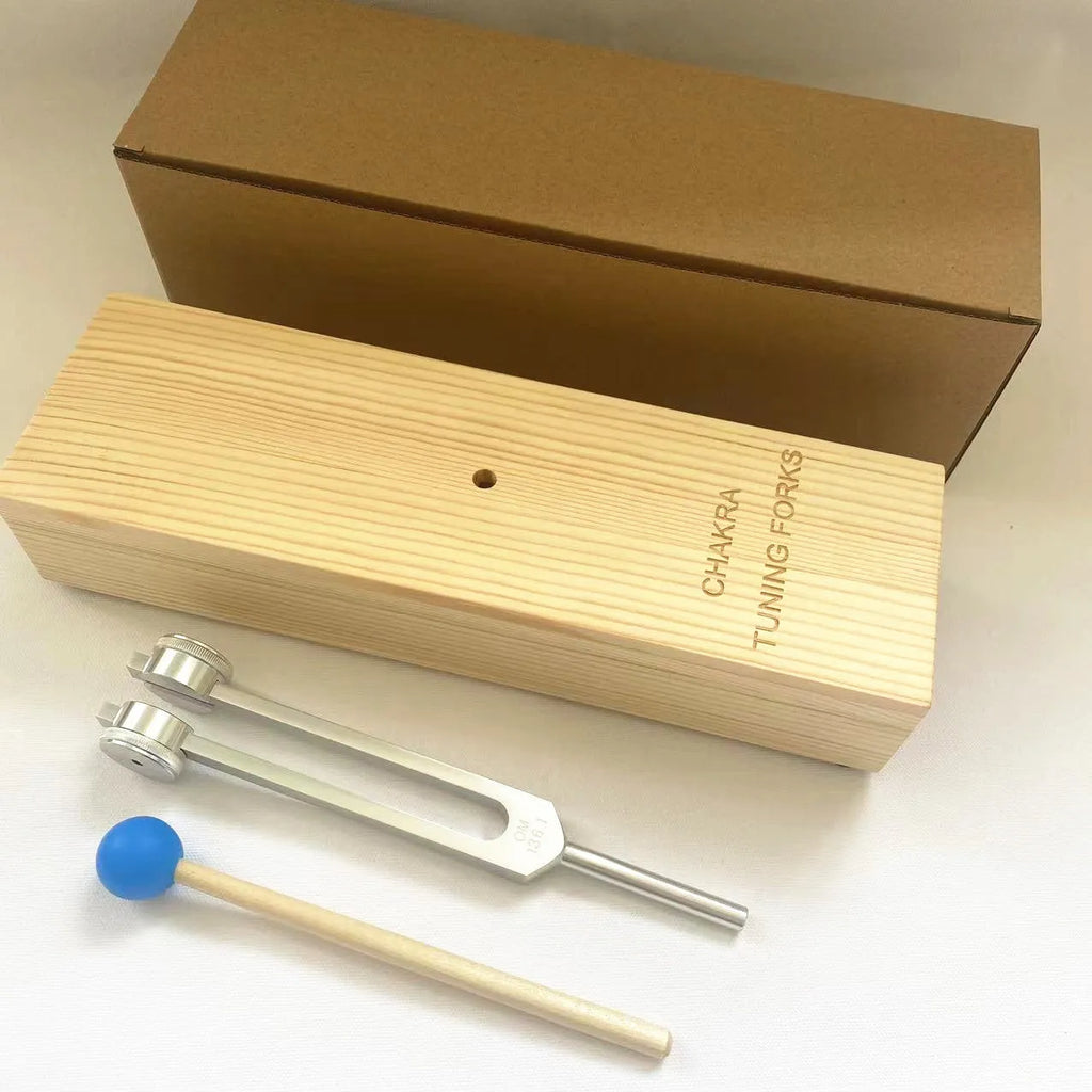 Aluminium alloy tuning fork with speaker for sound therapy, showing 432Hz and MI528 model options