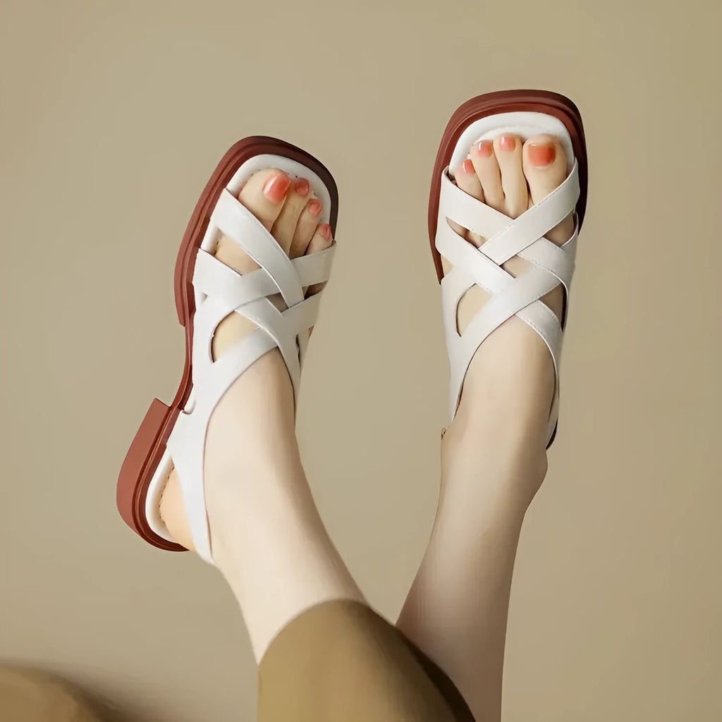 Women's patent leather low heel square toe beach sandals in black, brown, or off white with rubber sole