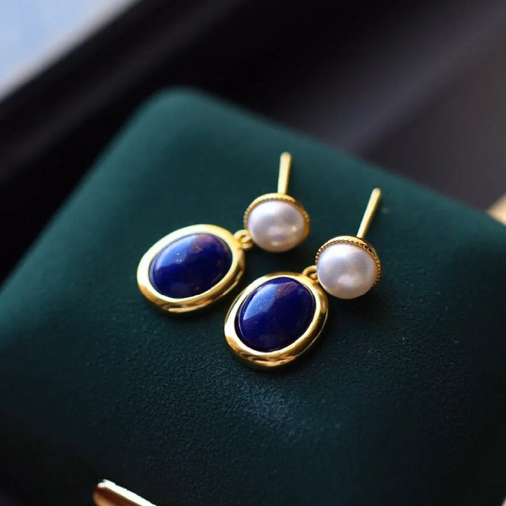 Natural lapis lazuli pearl earrings with 925 silver setting and auspicious pattern detailing