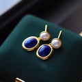 Natural lapis lazuli pearl earrings with 925 silver setting and auspicious pattern detailing