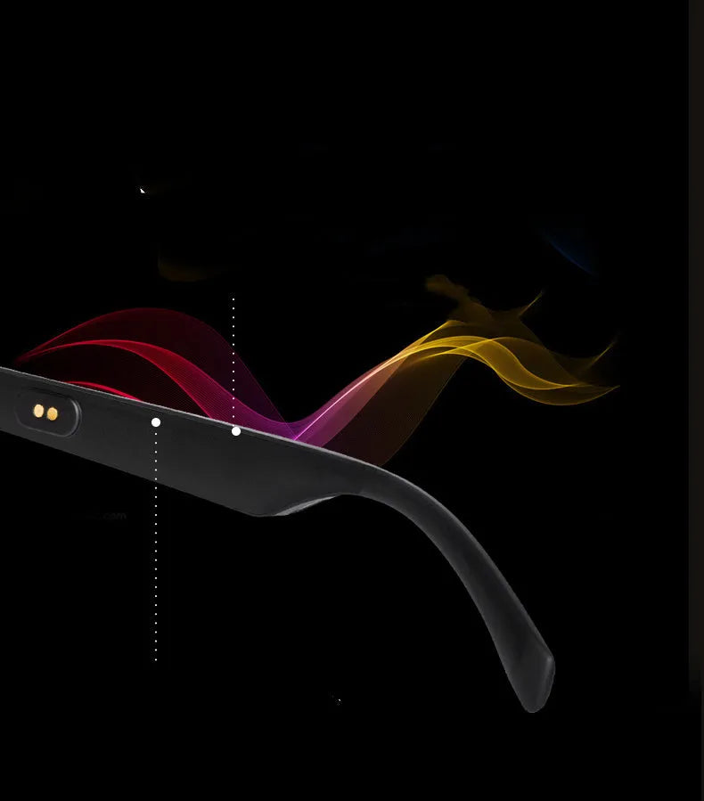Smart glasses with semi-open Bluetooth audio, PC+ABS frame, anti-blue light lenses, and IPX7 waterproof rating for sports use.