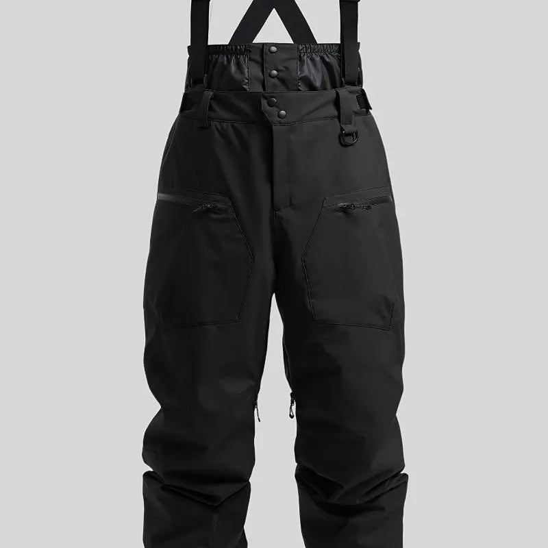 Man modelling black waterproof ski trousers with an adjustable calf strap.