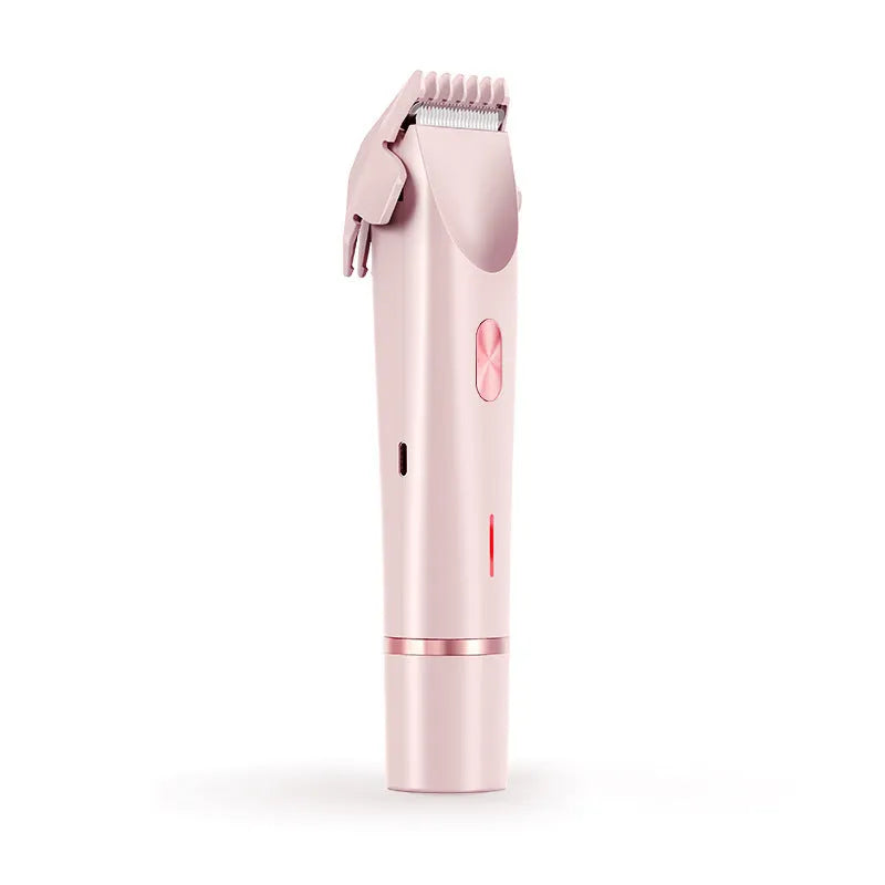 Pink women's electric razor and trimmer with two heads, USB cable, and brush on a white background.