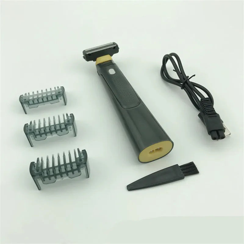 Black wireless rechargeable precision shaver with stainless steel blades, measuring 15cm long with ergonomic handle
