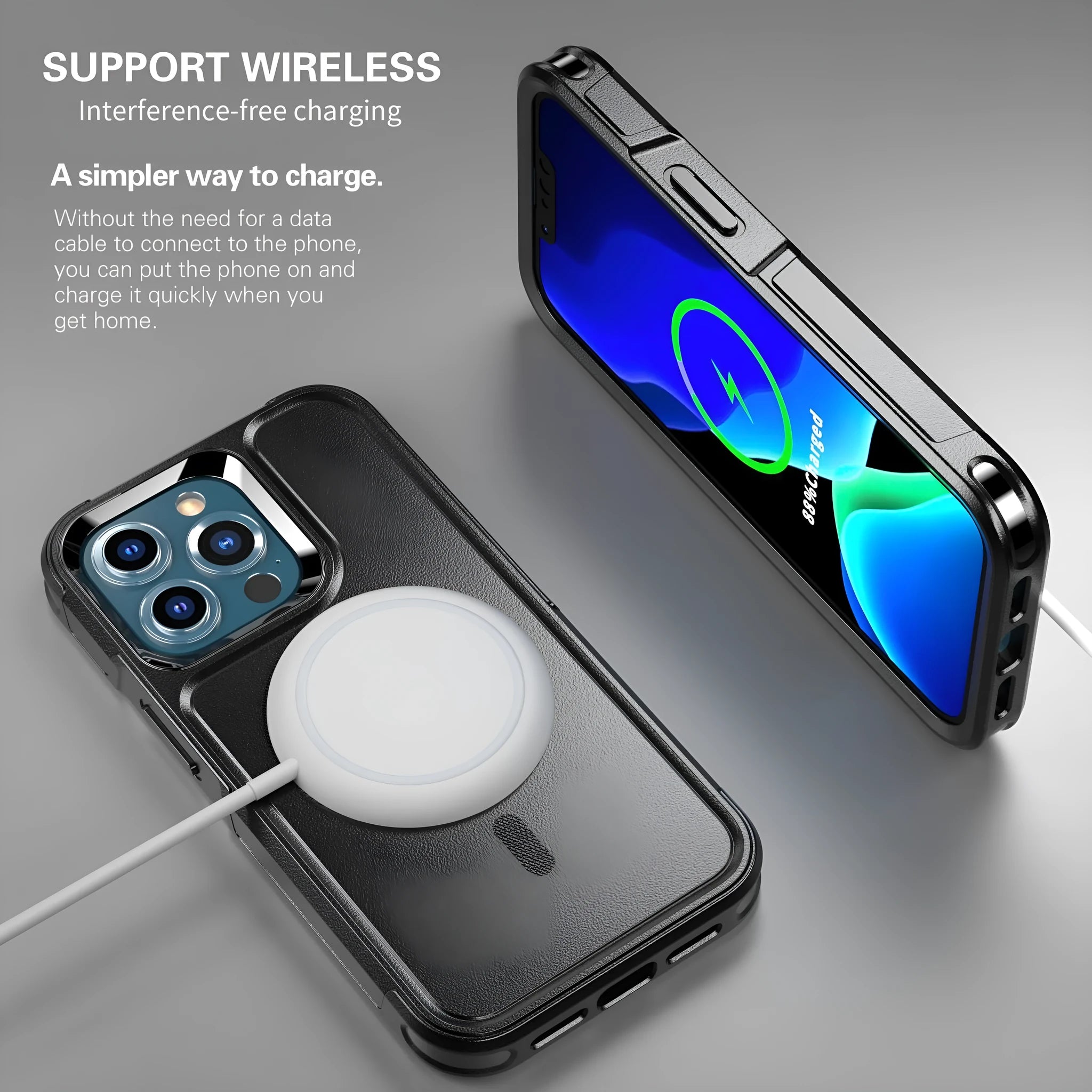 Black magnetic shatterproof back cover case for iPhone 12 and iPhone 13 series phones.