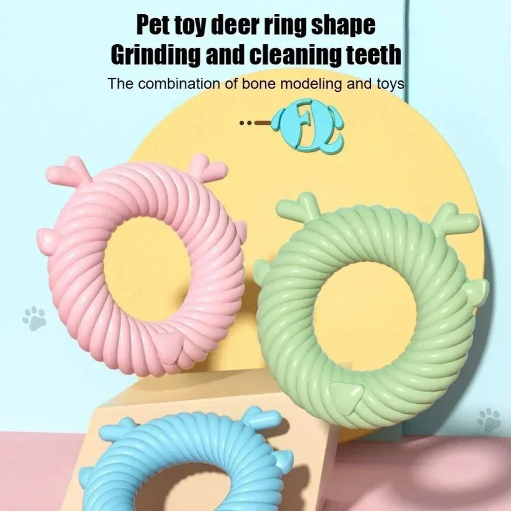 Deer-shaped dog chew toy with spiral grooves for teeth cleaning in blue, pink or green