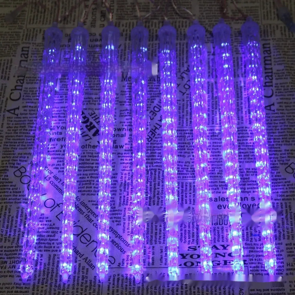 LED ice cone-shaped meteor shower garden light with remote control on a bracket.