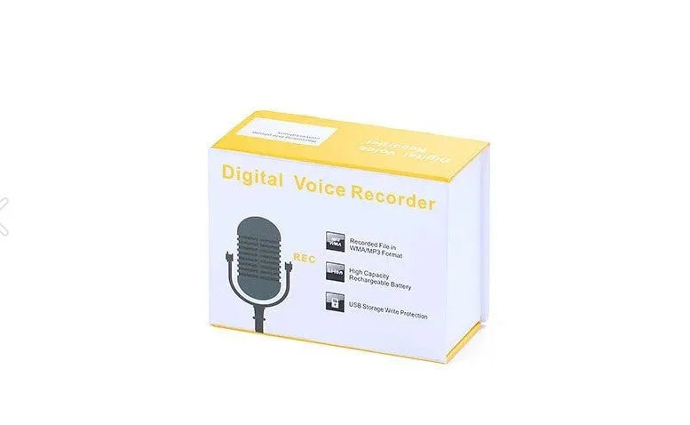 Small black or gold plastic voice recorder with display and microphone.