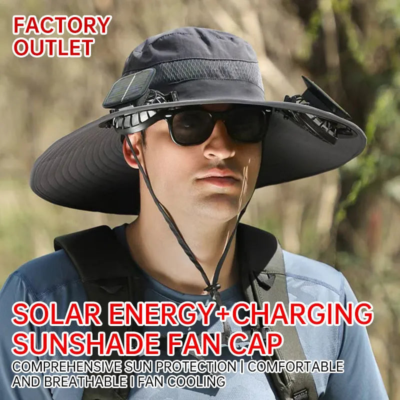 Men's solar-powered fan hat for fishing in khaki colour with integrated cooling fan.