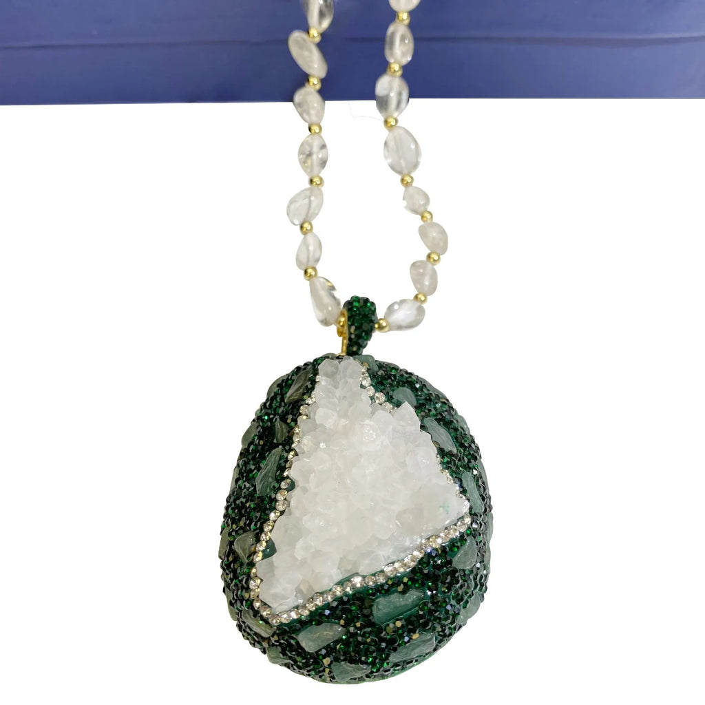 Crystal bud pendant necklace for women with transparent crystal bud, melon seed chain and geometric leaf design, 61-70cm