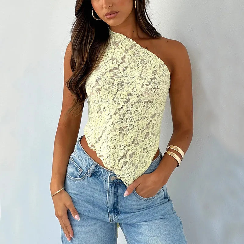 Women's backless vest with asymmetrical neckline and lace detailing in solid colour