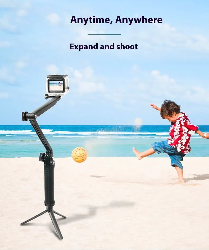 Black folding tripod for GoPro Hero action cameras, shown in compact and extended positions.