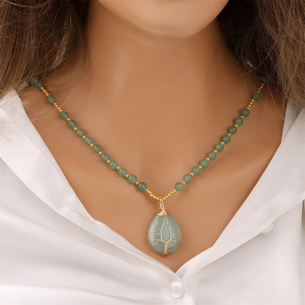 64cm elastic stone pendant necklace with 6mm beads and artificial crystal pendant, seaside beach style