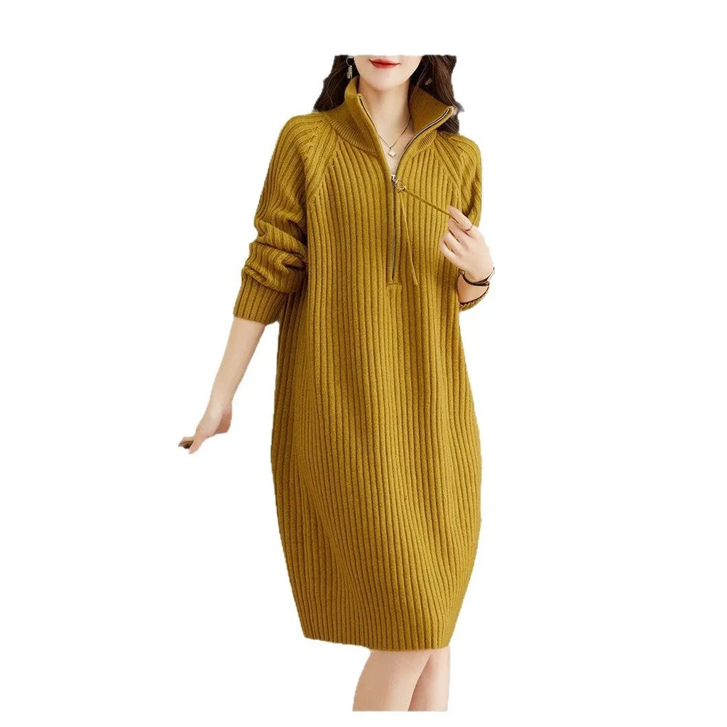 Beige casual women's skirt with a half zip on the stand collar and loose straight fit.