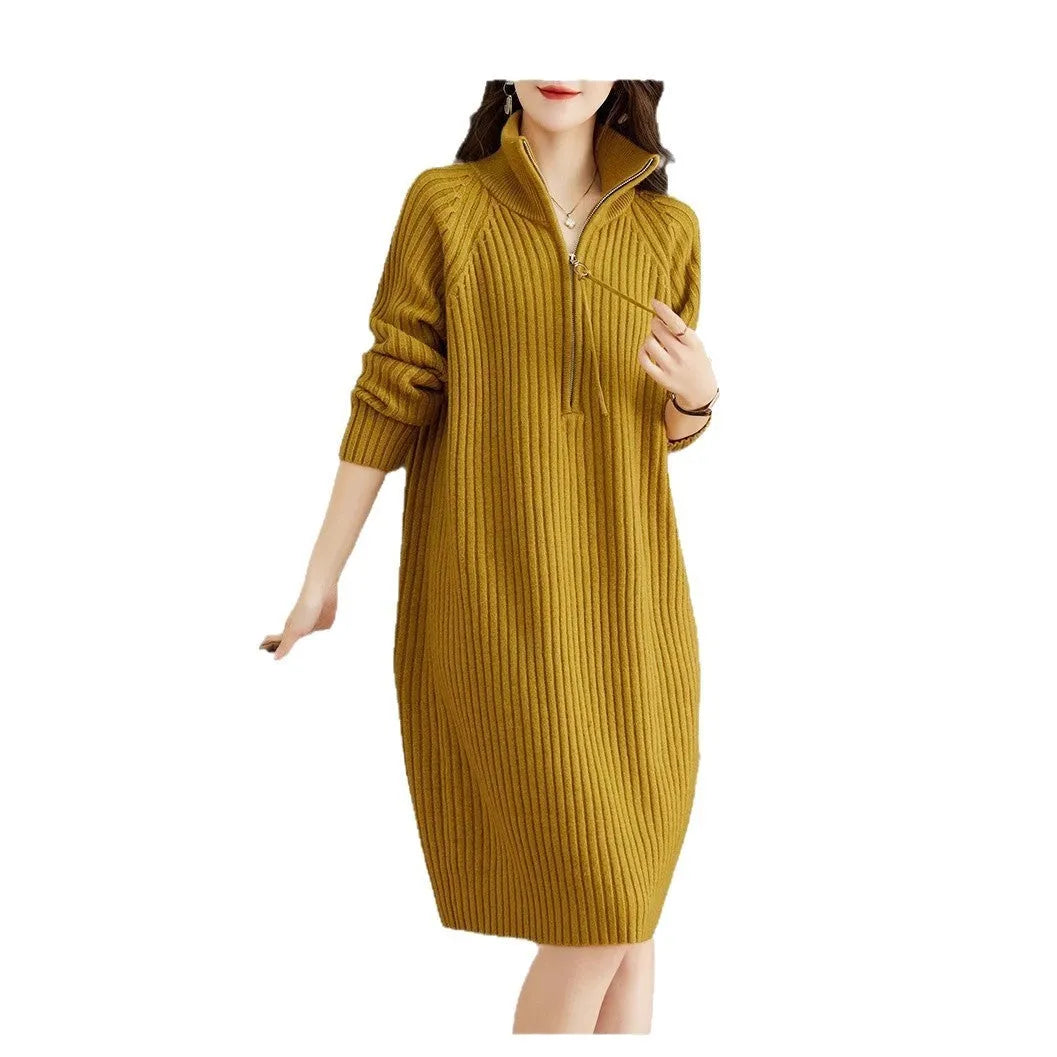Beige casual women's skirt with a half zip on the stand collar and loose straight fit.