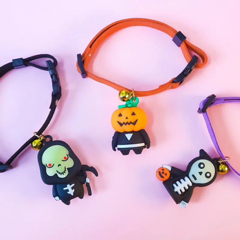 Halloween dog collar with luminous cartoon patterns in Pumpkin Man, Luminous Brat, and Luminous Skull designs, adjustable sizes 16-56cm