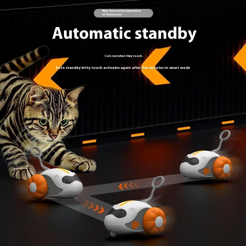 Blue and orange remote control cat teaser toy with feather attachment and flashing lights