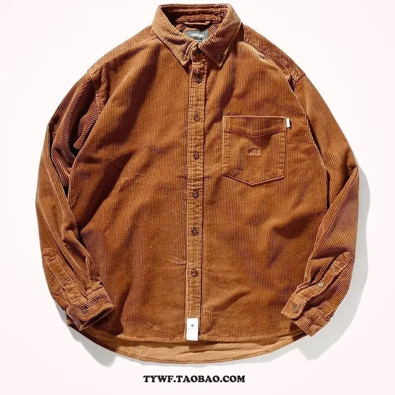 Long sleeve corduroy cardigan shirt in loose Hong Kong style, available in caramel and grey colours, sizes M to 2XL.