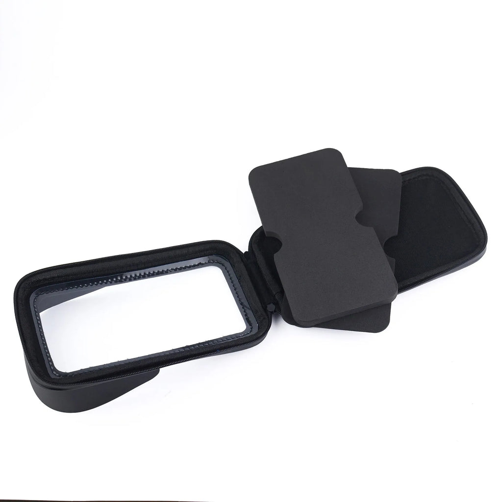 Waterproof cycling phone bag mounted on bicycle handlebar with clear window showing phone screen