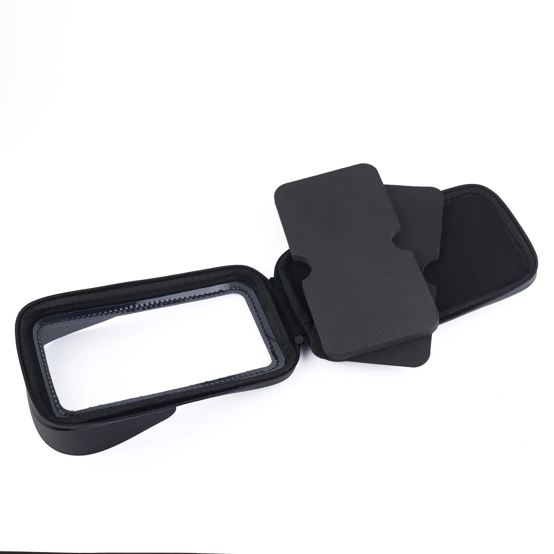 Waterproof cycling phone bag mounted on bicycle handlebar with clear window showing phone screen