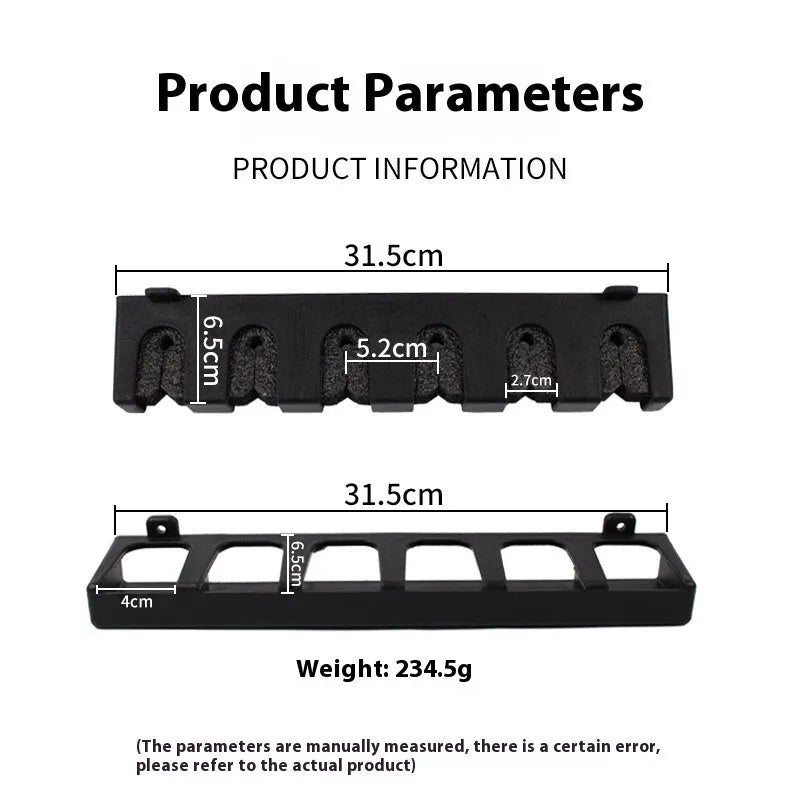 Black ABS plastic wall-mounted fishing rod storage rack showing horizontal and upright mounting options