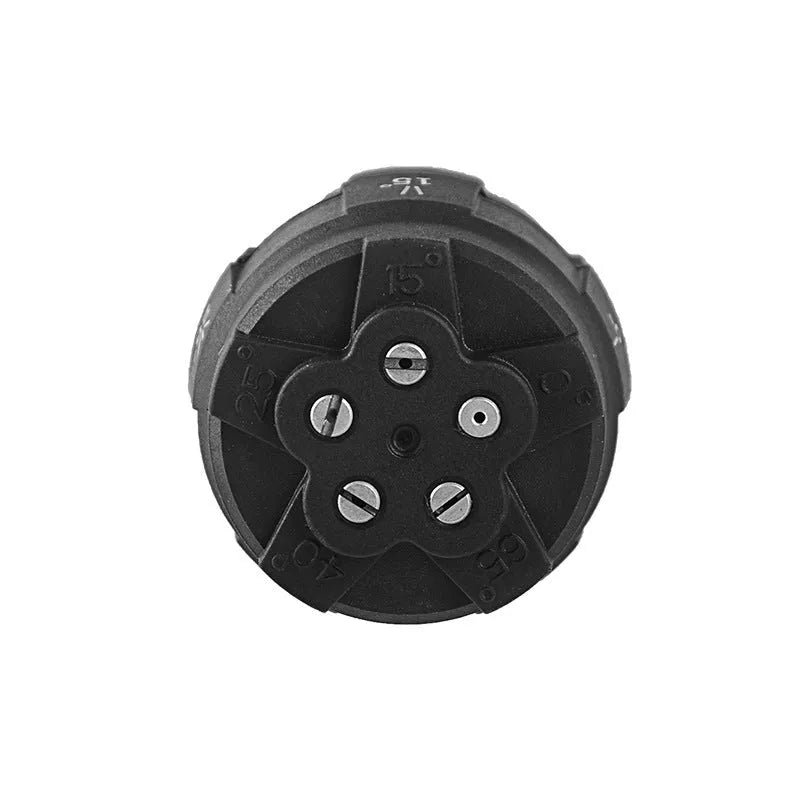 Five-in-one high-pressure water gun nozzle showing five spray patterns and insulation displacement connection